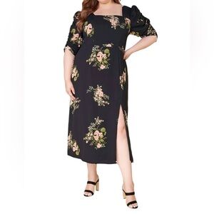 Jasleen Floral Ruched Sleeves Midi Dress